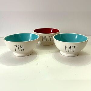Rae Dunn Cereal/Soup Bowls each w/ different word inscribed ZEN", "HELLO" EAT".